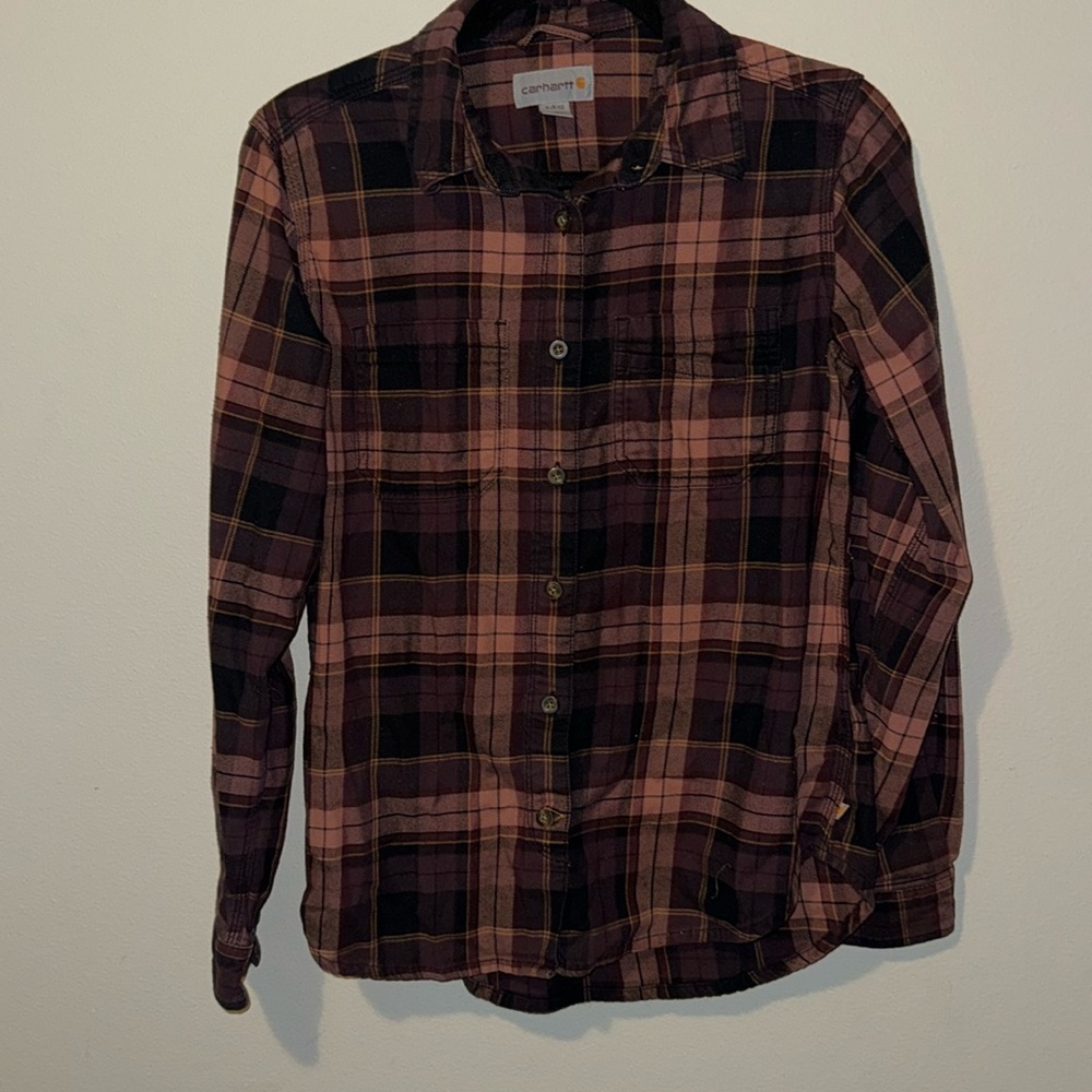 Carhartt Brown Women’s Plaid Button Up Size Small(4/6) Front Pockets EUC Cotton